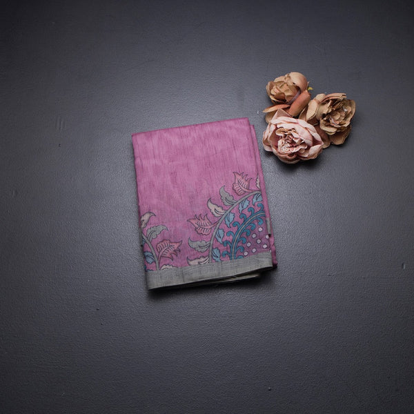 Semi Linen Magenta Purple Kalamkari Printed Saree