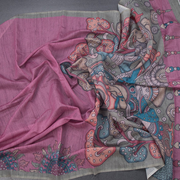Semi Linen Magenta Purple Kalamkari Printed Saree