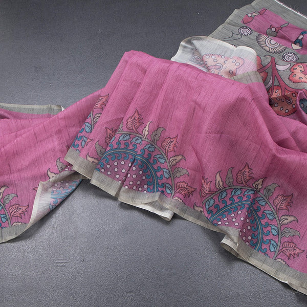 Semi Linen Magenta Purple Kalamkari Printed Saree