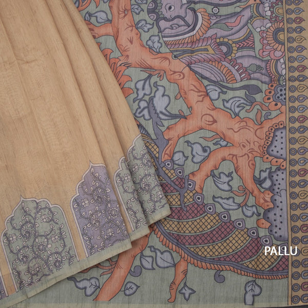 Semi Linen Mustard Kalamkari Printed Saree