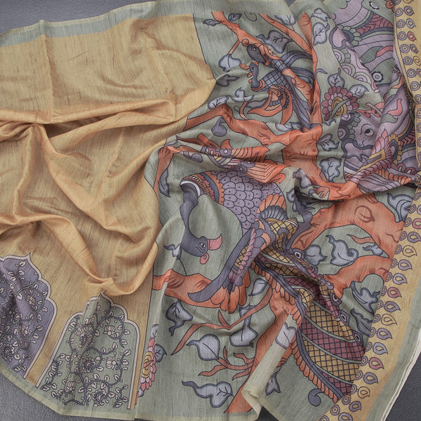 Semi Linen Mustard Kalamkari Printed Saree