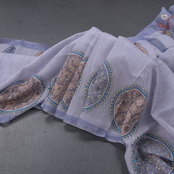 Semi Linen Light Lavender Kalamkari Printed Saree