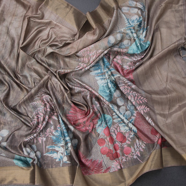 Raw Silk Multi Colour Leaf Printed Saree With Zari Border