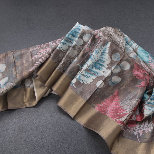 Raw Silk Multi Colour Leaf Printed Saree With Zari Border