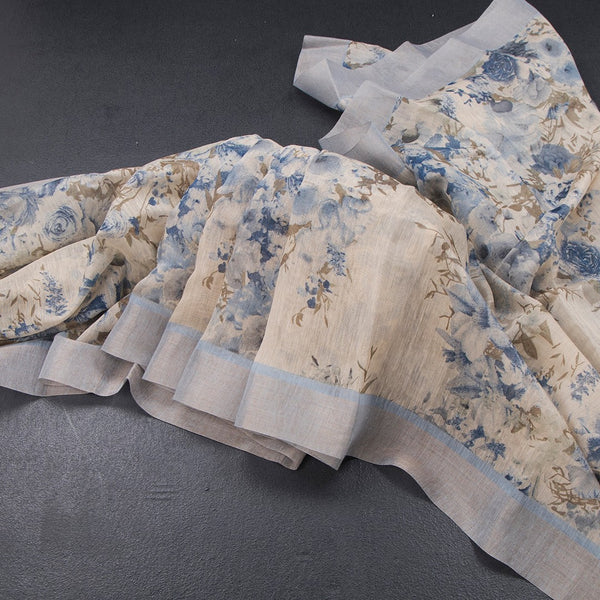 Semi Linen Cream Floral Printed Saree With Zari Border