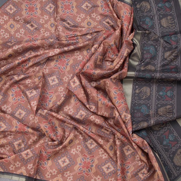 Raw Silk Cinnamon Brown Ikkat Printed Saree