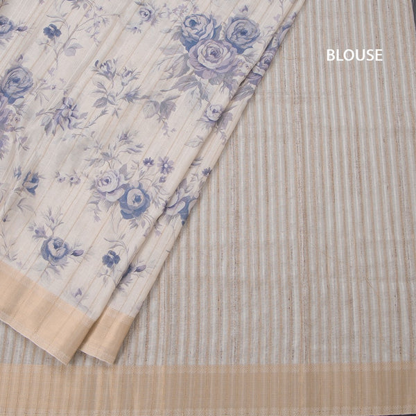 Raw Silk Cream Floral Printed Saree With Zari Border 02