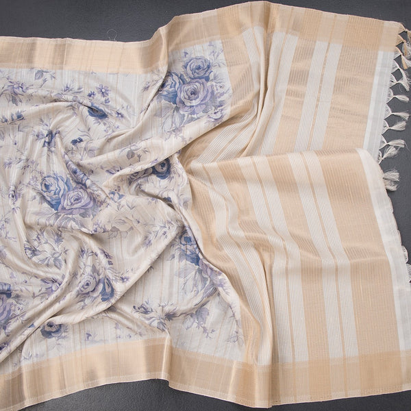 Raw Silk Cream Floral Printed Saree With Zari Border 02