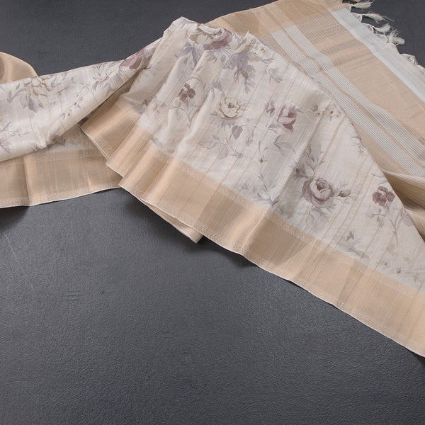 Raw Silk Cream Floral Printed Saree With Zari Border 03