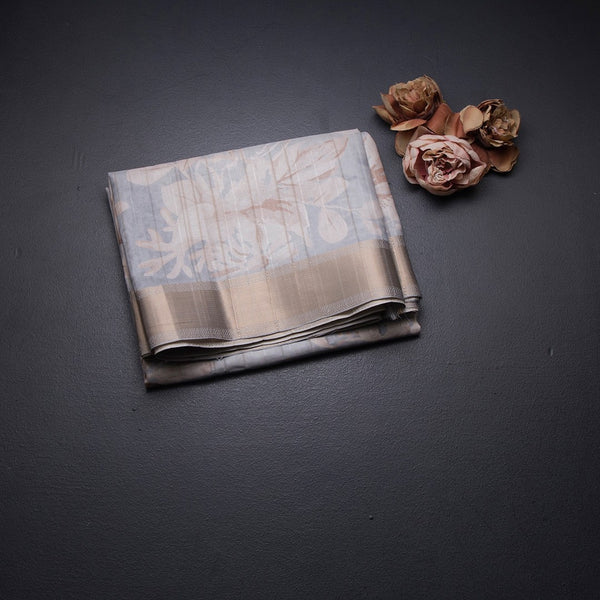 Raw Silk Grey Floral Printed Saree With Zari Border 02