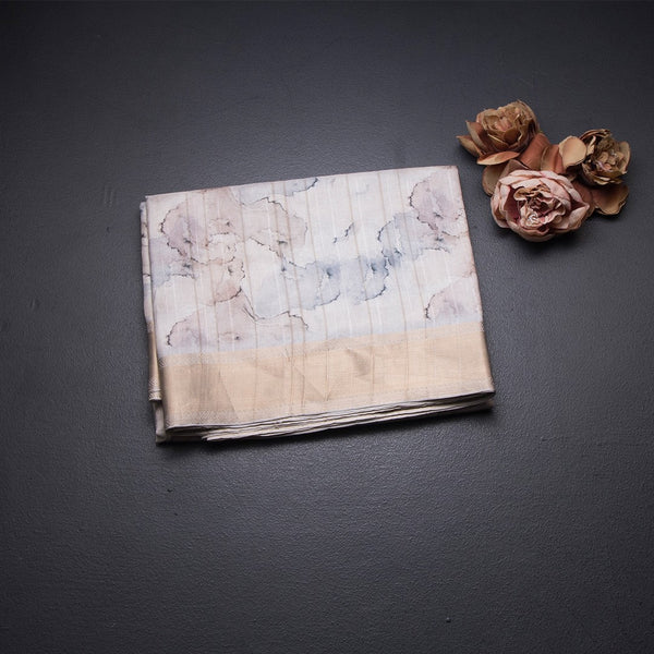 Raw Silk Cream Printed Saree With Zari Border 09