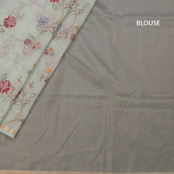 Linen Mint Green Floral Thread Work Saree