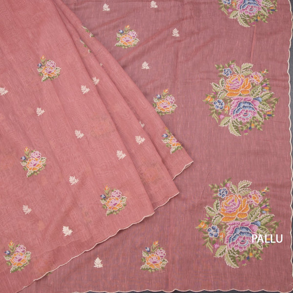 Linen Peach Floral Thread Work Borderless Saree