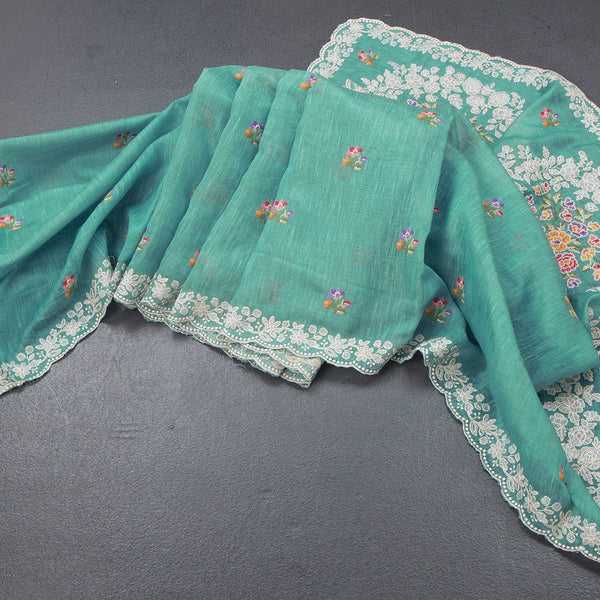 Linen Sapphire Green Floral Thread Buttas And Thread Border