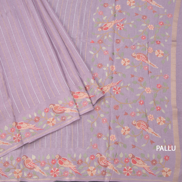 Raw Silk Lilac Purple Zari Stripes Saree And Thread Border