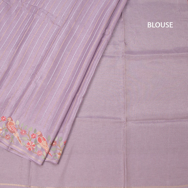 Raw Silk Lilac Purple Zari Stripes Saree And Thread Border