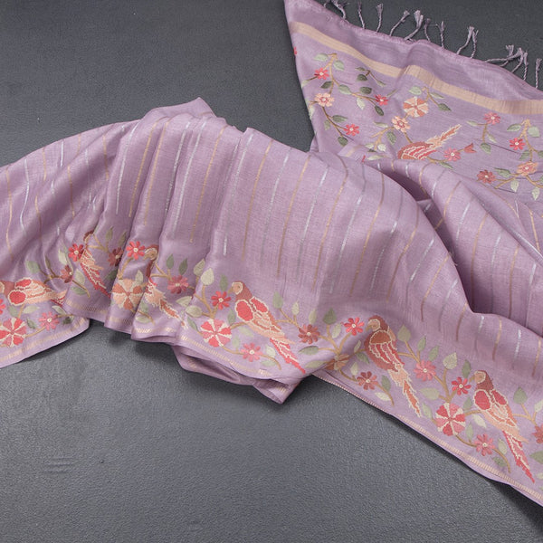 Raw Silk Lilac Purple Zari Stripes Saree And Thread Border
