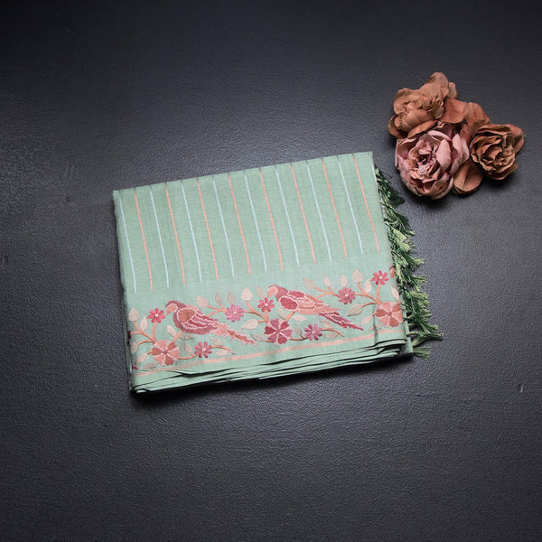 Raw Silk Pista Green Saree With Zari Stripes And Thread Border