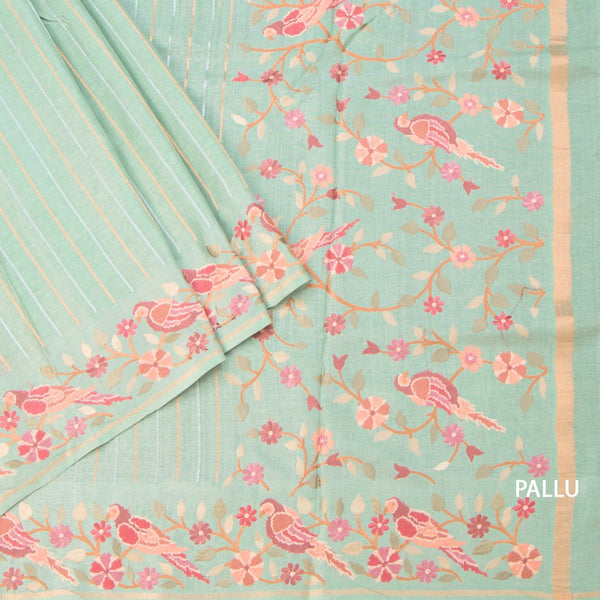 Raw Silk Pista Green Saree With Zari Stripes And Thread Border