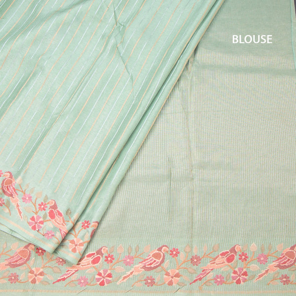 Raw Silk Pista Green Saree With Zari Stripes And Thread Border