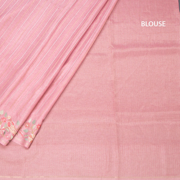 Raw Silk Baby Pink Saree With Zari Stripes And Thread Border