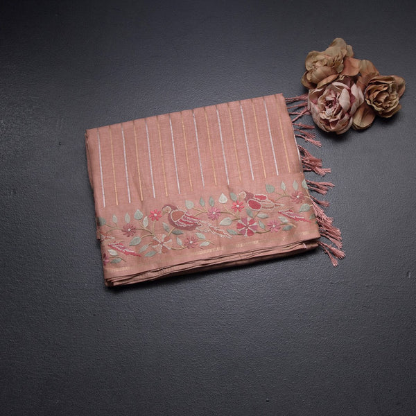 Raw Silk Light Orange Zari Stripes Saree And Thread Border