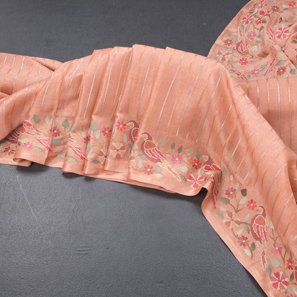 Raw Silk Light Orange Zari Stripes Saree And Thread Border