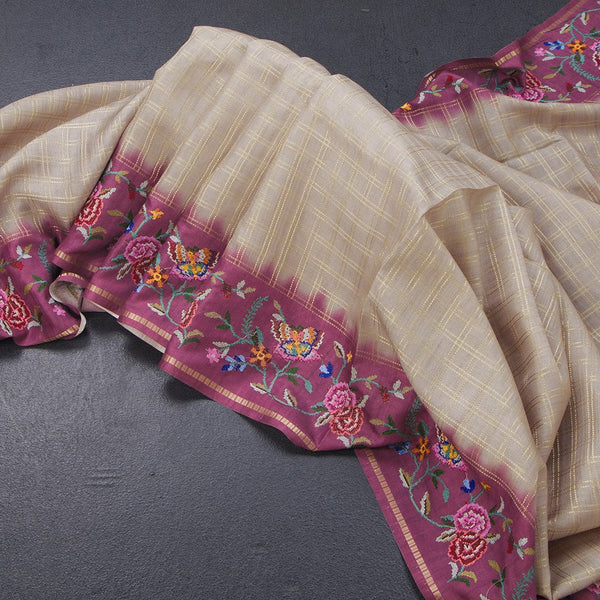 Raw Silk Grey Zari Checked Saree And Thread Border