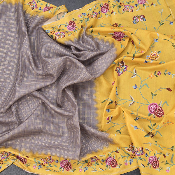 Raw Silk Grey Zari Checked Saree And Thread Border 02