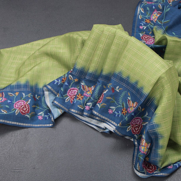 Raw Silk Parrot Green Zari Checked Saree And Thread Border