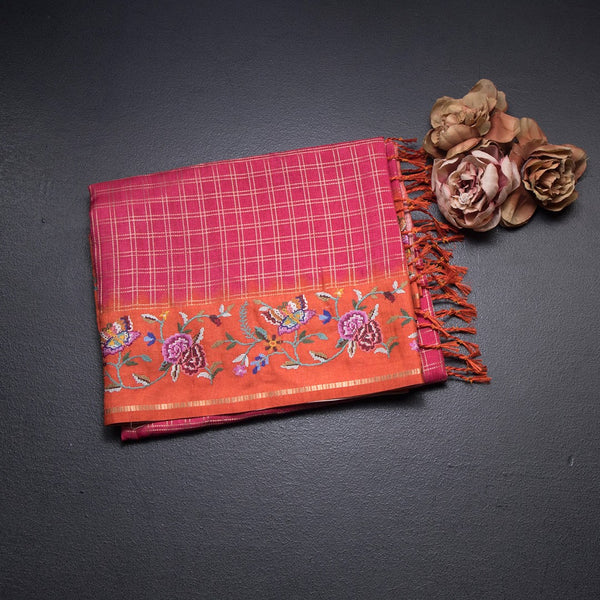 Raw Silk Reddish Pink Zari Checked Saree And Thread Border