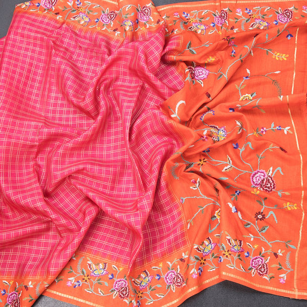 Raw Silk Reddish Pink Zari Checked Saree And Thread Border
