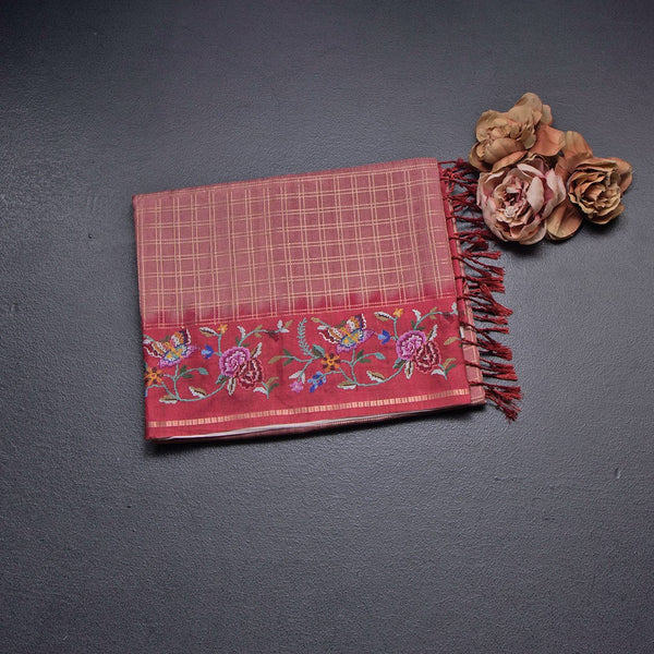 Raw Silk Onion Pink Zari Checked Saree And Thread Border