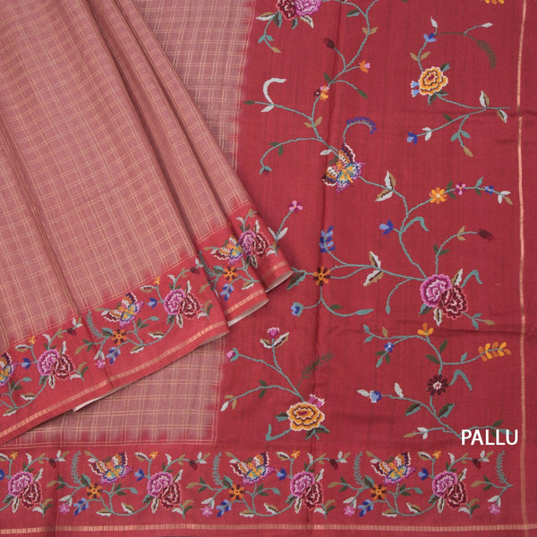 Raw Silk Onion Pink Zari Checked Saree And Thread Border