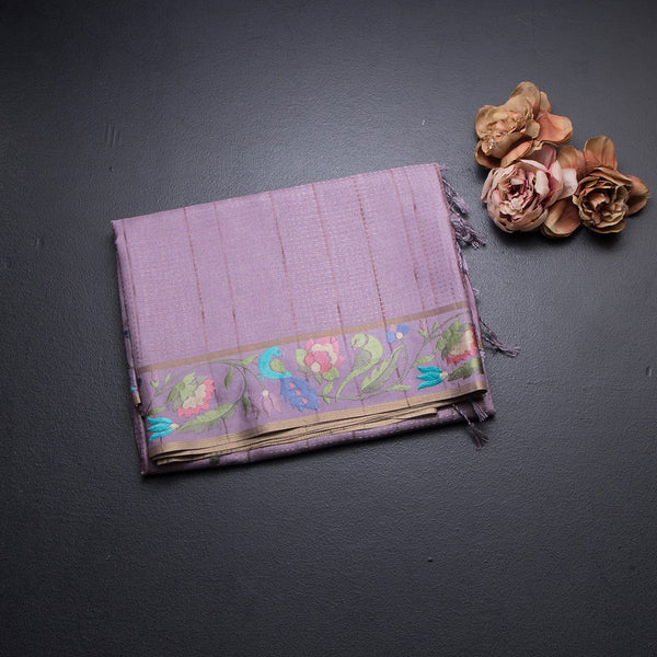 Raw Silk Lilac Purple Zari Stripes Saree And Thread Border 02