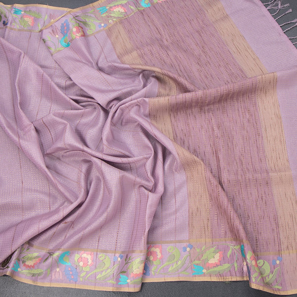 Raw Silk Lilac Purple Zari Stripes Saree And Thread Border 02