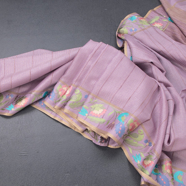 Raw Silk Lilac Purple Zari Stripes Saree And Thread Border 02