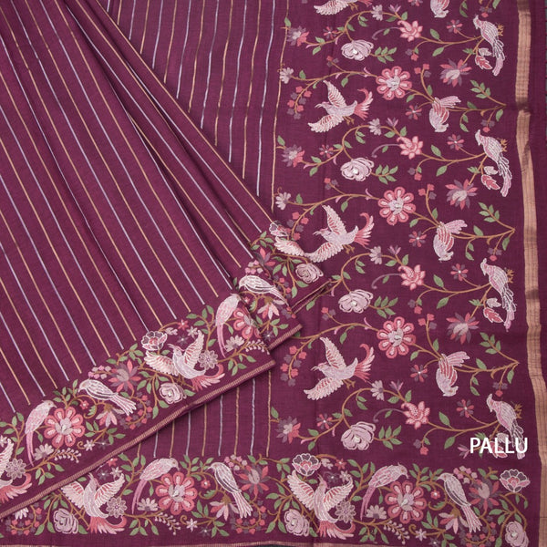 Raw Silk Maroon Zari Stripes Saree And Thread Border