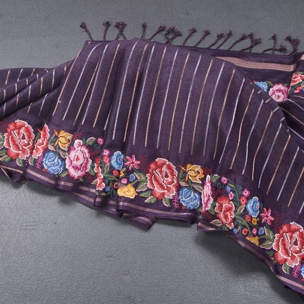 Raw Silk Dark Purple Zari Stripes Saree And Thread Border