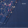 Raw Silk Navy Blue Thread Work Saree And Zari Checked Border