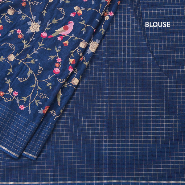 Raw Silk Navy Blue Thread Work Saree And Zari Checked Border