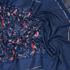 Raw Silk Navy Blue Thread Work Saree And Zari Checked Border