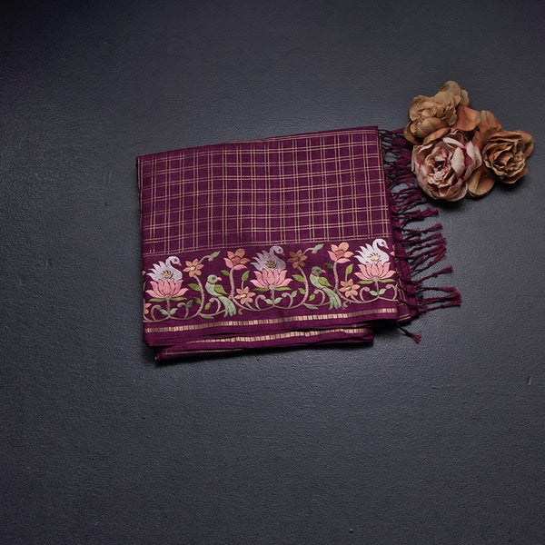 Raw Silk Dark Maroon Zari Checked Saree And Thread Border