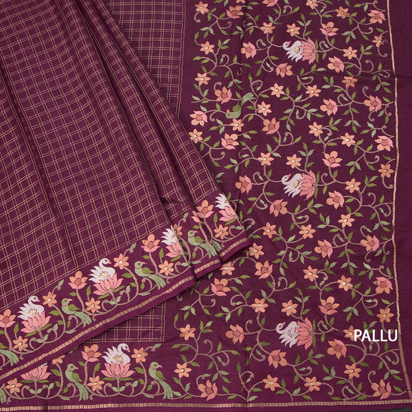 Raw Silk Dark Maroon Zari Checked Saree And Thread Border