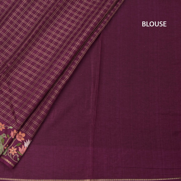 Raw Silk Dark Maroon Zari Checked Saree And Thread Border