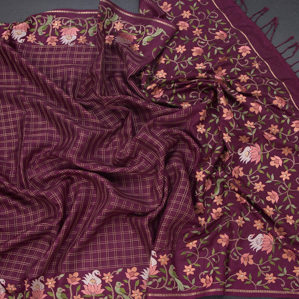 Raw Silk Dark Maroon Zari Checked Saree And Thread Border