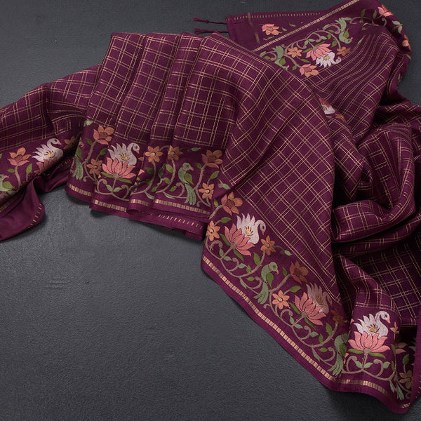 Raw Silk Dark Maroon Zari Checked Saree And Thread Border
