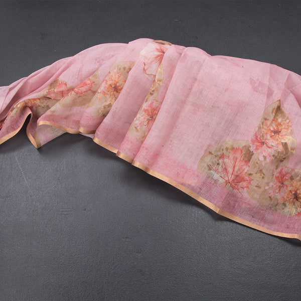 Semi Linen Light Pink Leaf Printed Saree