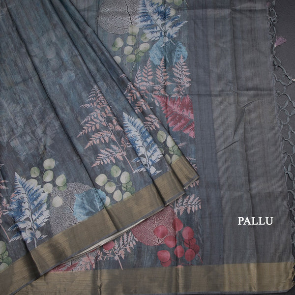 Semi Raw Silk Grey Leaf Printed Saree 06
