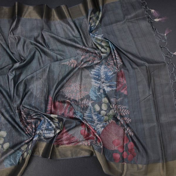 Semi Raw Silk Grey Leaf Printed Saree 06